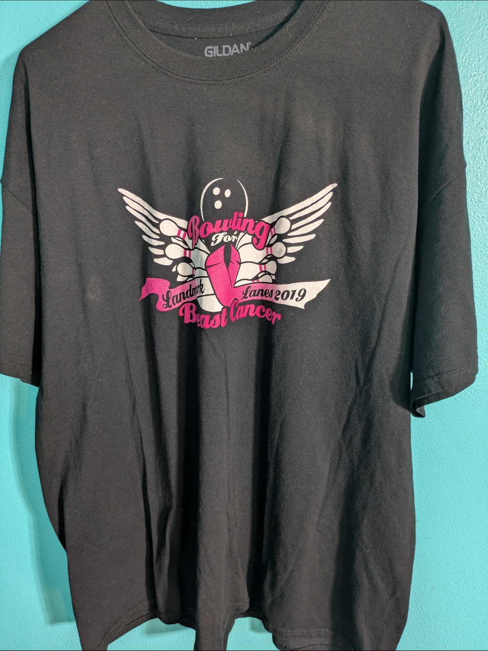 Gildan Black Short Sleeve‎ Tee with Pink & White Bowling Graphic
